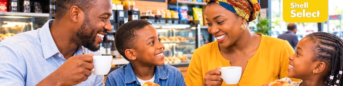 Famille prenant le petit déjeunez dans une boutique Shell Select.