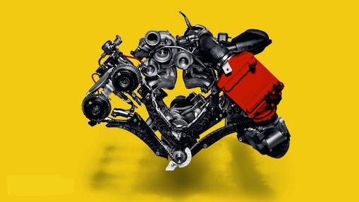 Image d'un moteur de voiture, sur fond jaune