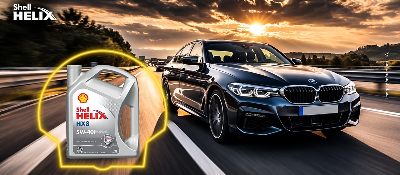 Huile Shell Helix à côté d'une BMW Série 3