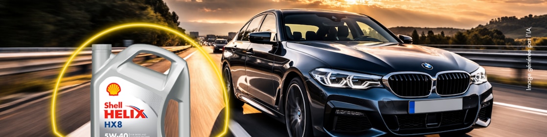 Huile Shell Helix à côté d'une BMW Série 3
