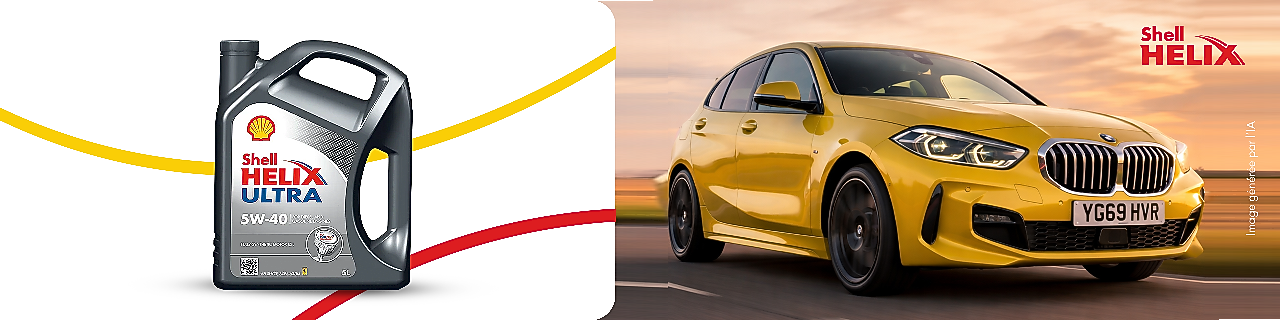 Huile Shell Helix Ultra à coté d'une BMW jaune
