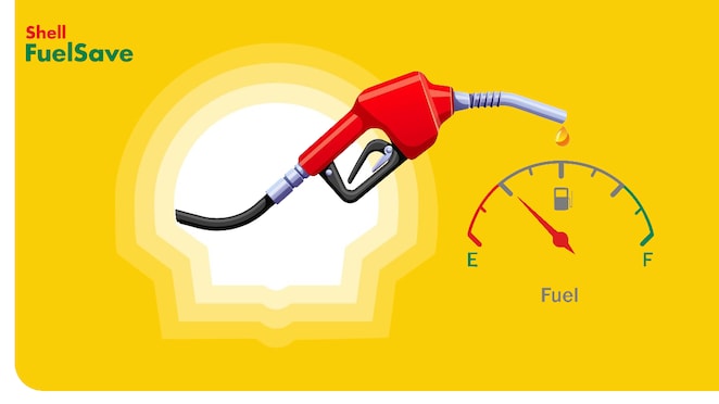 Pompe à carburant à côté d'une jauge avec logo en shell en fond.