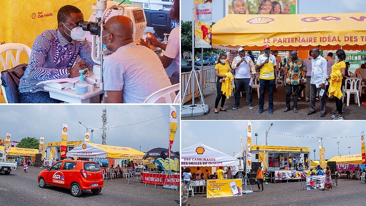 Un transporteur prenant part à la séance de consultation ophtalmologique et les représentants de Shell et de Fréquence 2 en train de faire une allocution au cours d’une session d’enregistrement de l’émission Warren FM.
