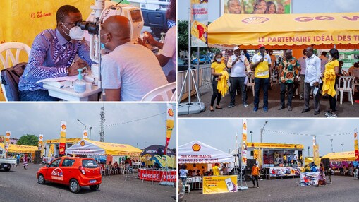 Un transporteur prenant part à la séance de consultation ophtalmologique et les représentants de Shell et de Fréquence 2 en train de faire une allocution au cours d’une session d’enregistrement de l’émission Warren FM.