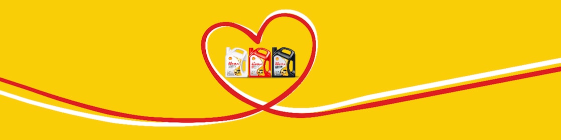 La gamme d'huile moteur Shell Rimula entourée d'un bandeau rouge en forme de coeur.