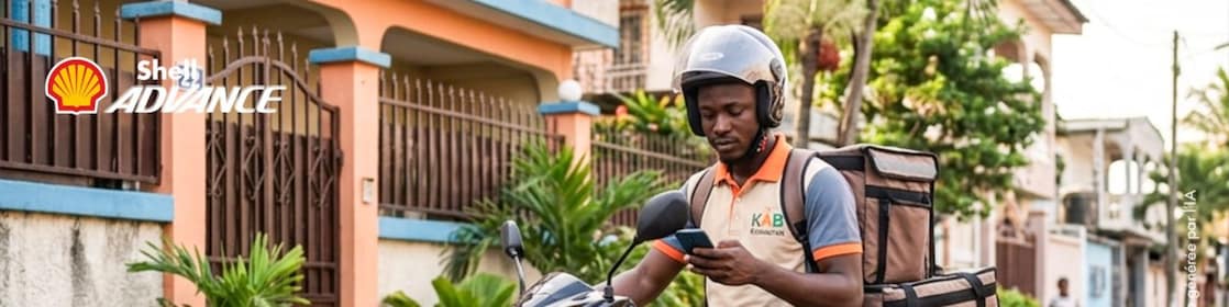 Conducteur de moto sur un scooter rouge, téléphone à la main avec une bouteille d'huile Advance AX3 au dessus de l'image.