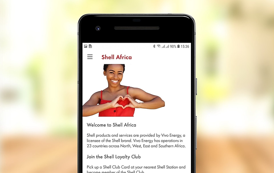 téléphone mobile sur lequel apparait l'application Shell Africa