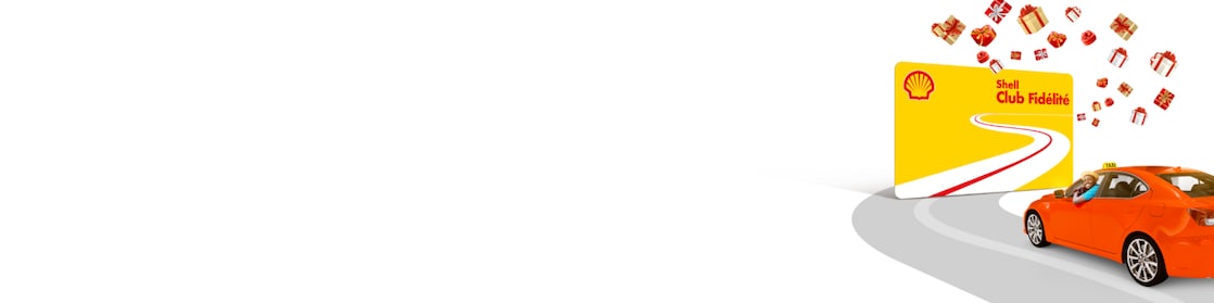 Shell Club Fidélité avec voiture et cadeaux en arrière-plan