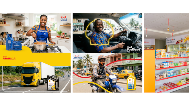 un assortiment de produits et services Shell présenté avec des clients Shell